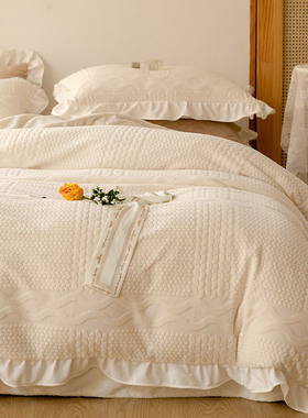 秋冬加厚牛奶绒四件套小清新荷叶保暖珊瑚绒被套床上用品白粉蓝色