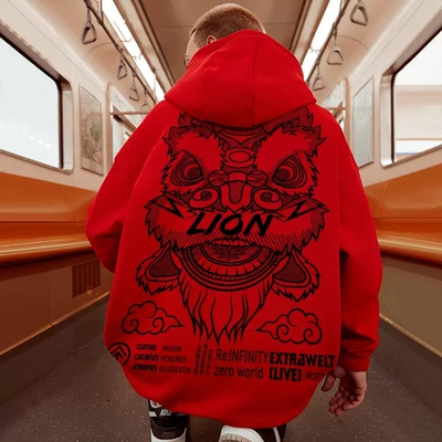 新年红色连帽卫衣秋冬季醒狮本命年加绒加厚大码男女生情侣外套男