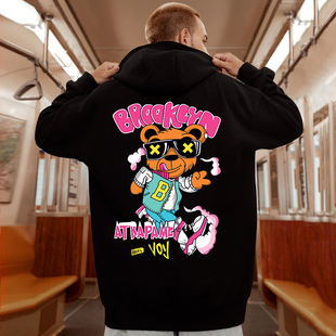 欧美潮牌oversize小熊大码连帽卫衣男潮港风街头嘻哈外套加绒加厚