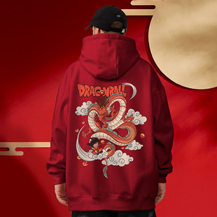 新年酒红色连帽卫衣秋冬季本命年加绒加厚大码男女生套头情侣外套