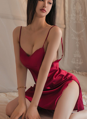 夏学姐新款性感睡衣女镂空绸缎丝滑家居服火辣吊带睡裙纯欲连体衣