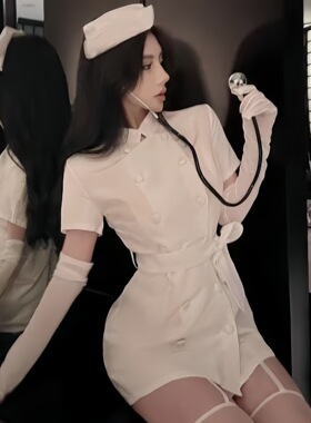 夏学姐~白色性感护士装纽扣腰带修身连衣裙万圣节cos制服女仆套装