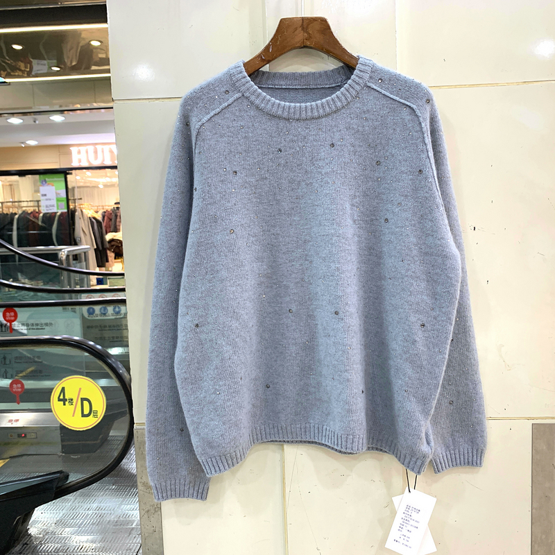 JY-9728 欧洲站冬装2025新款落肩袖圆领满天星烫钻羊毛羊绒毛衣女