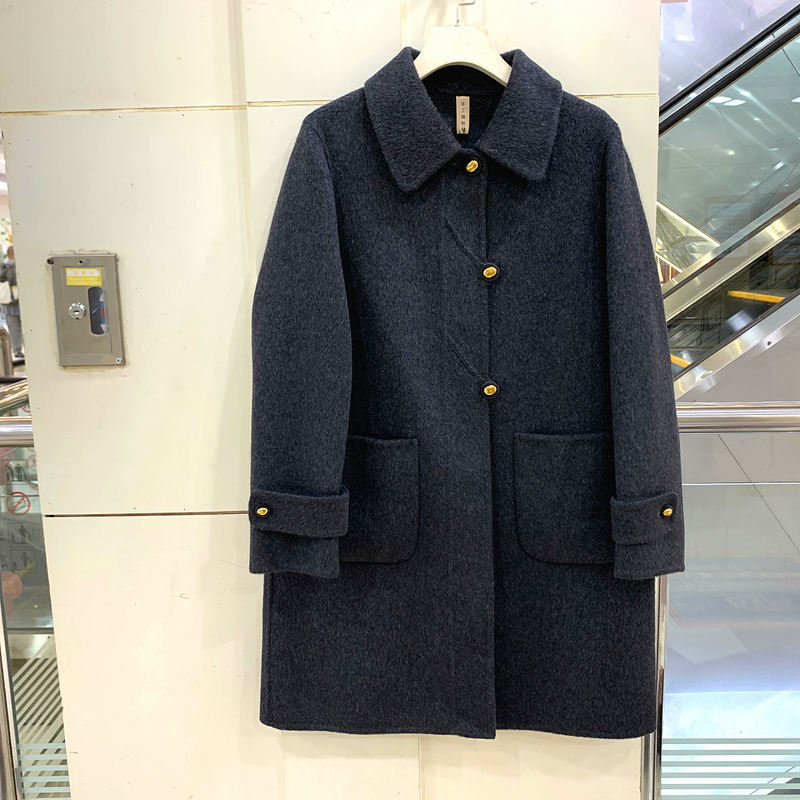 艾尔菲洋25A-C8628 斜三粒扣翻领休闲宽松中长双面羊毛呢大衣冬装