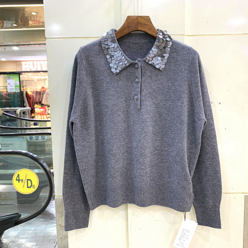 166-83339 鱼鳞大亮片三粒扣翻领休闲减龄羊毛羊绒毛衣欧货冬装女