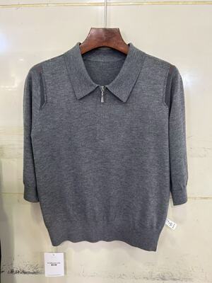 238-7006欧洲站烫钻透视拉链小翻领短袖针织天丝羊毛衫上衣春夏新