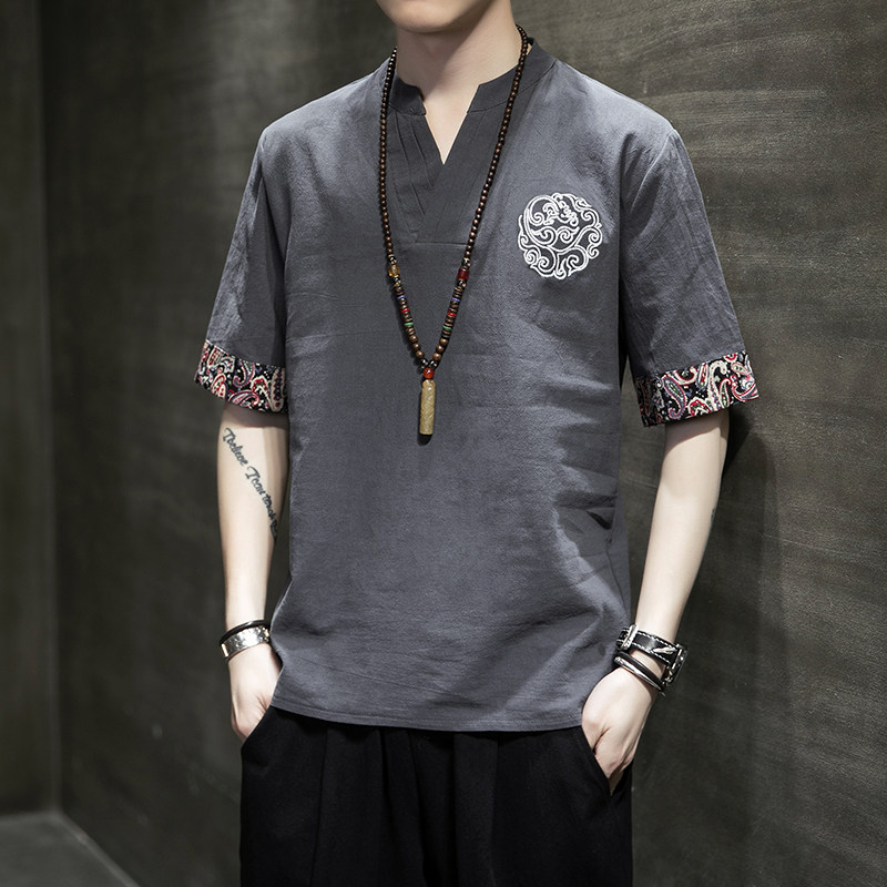 香港夏季亚麻短袖t恤男刺绣透气中国风汉服大码宽松半袖棉麻唐装