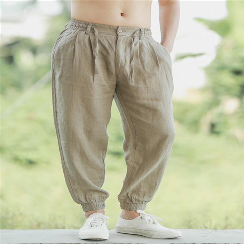 香港日系复古束脚九分裤男士亚麻休闲裤宽松大尺码透气哈伦9分裤