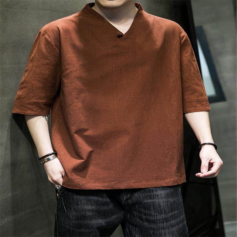 香港中国风轻薄款亚麻短袖t恤男夏季新中式汉服唐装宽松棉麻半袖