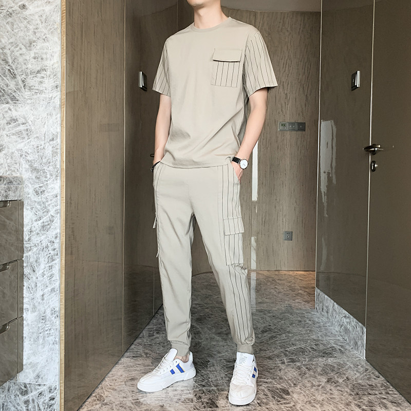 香港冰丝条纹短袖T恤男士套装夏季青年帅气韩版休闲运动长裤套装