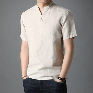 V领亚麻短袖 棉麻半袖 香港夏季 T恤男薄款 中国风休闲男装 麻料体恤衫