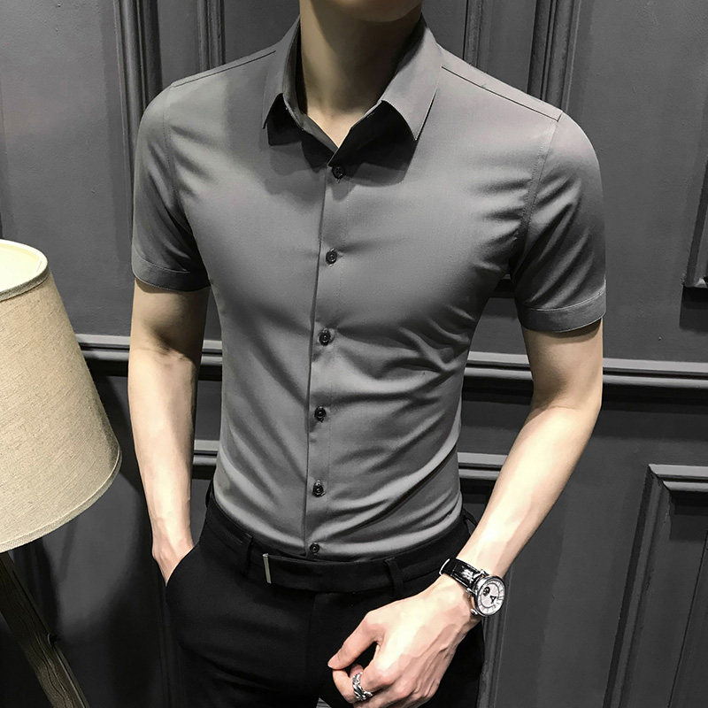 港风2025新款衬衫男短袖夏季免熨烫夏装冰丝休闲男士衬衫修身半袖