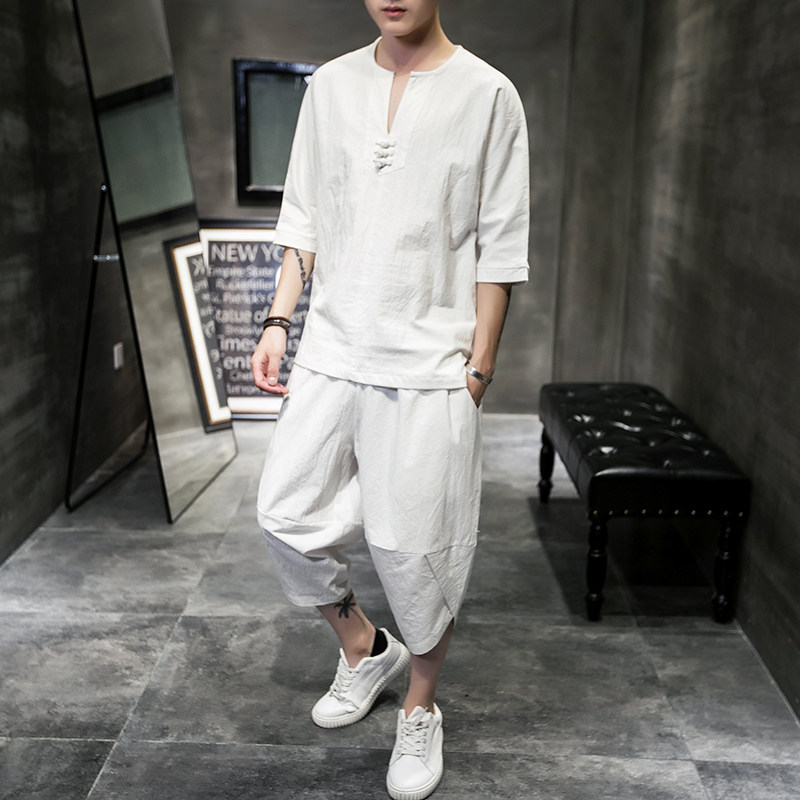 香港亚麻七分裤套装男大码阔腿宽松裤子中国风休闲夏薄款运动短裤