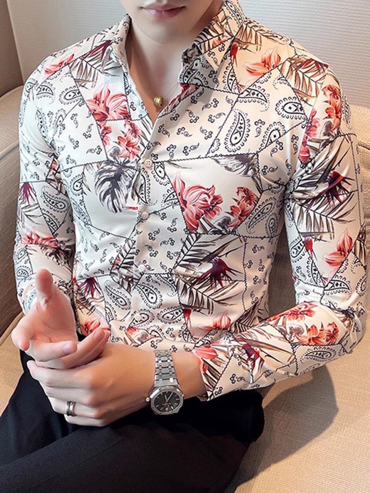 香港男士花衬衫长袖2025新款高级感痞帅上衣韩版修身休闲印花衬衣