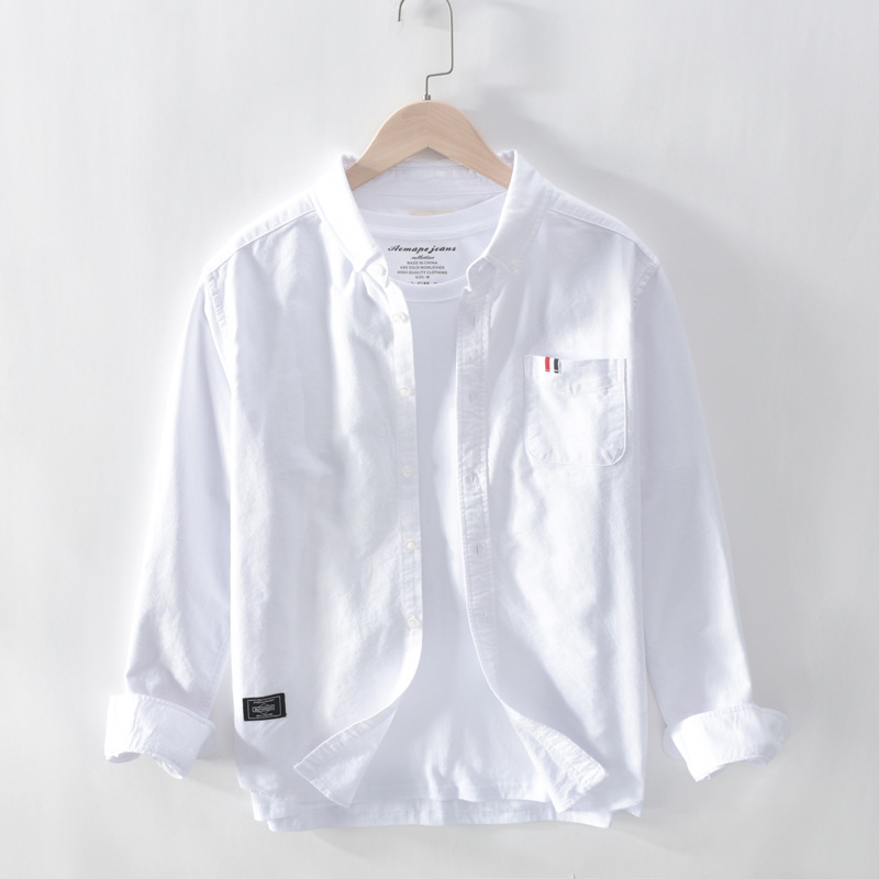 香港日系休闲外穿衬衫男士春秋装纯棉方领长袖上衣服秋季男款衬衣