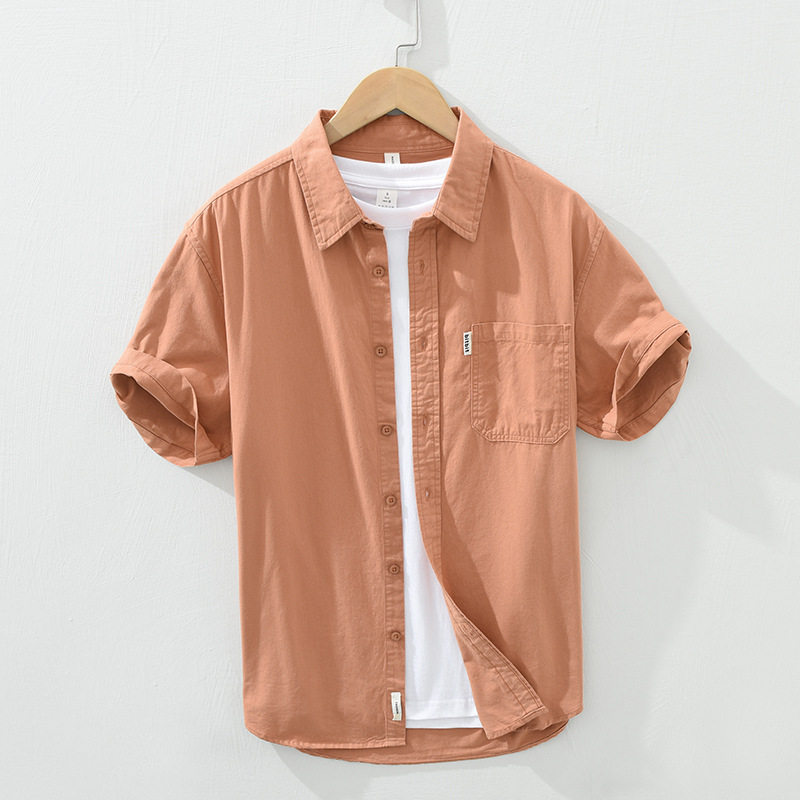香港文艺范纯棉短袖衬衫男夏季复古多色百搭休闲衬衣纯色帅气半袖
