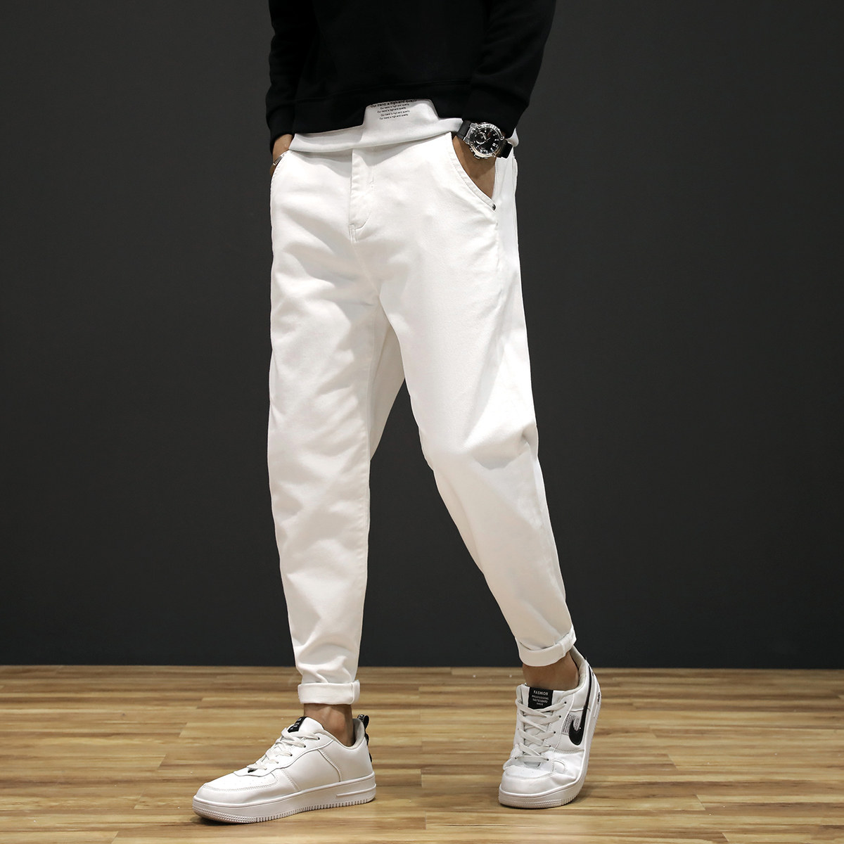 香港春秋大码白色牛仔裤男宽松休闲弹力萝卜哈伦潮胖裤子高级感潮