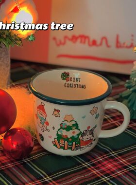 自制可爱圣诞节杯子猫猫陶瓷奶黄色陶瓷杯礼物马克杯早餐咖啡杯