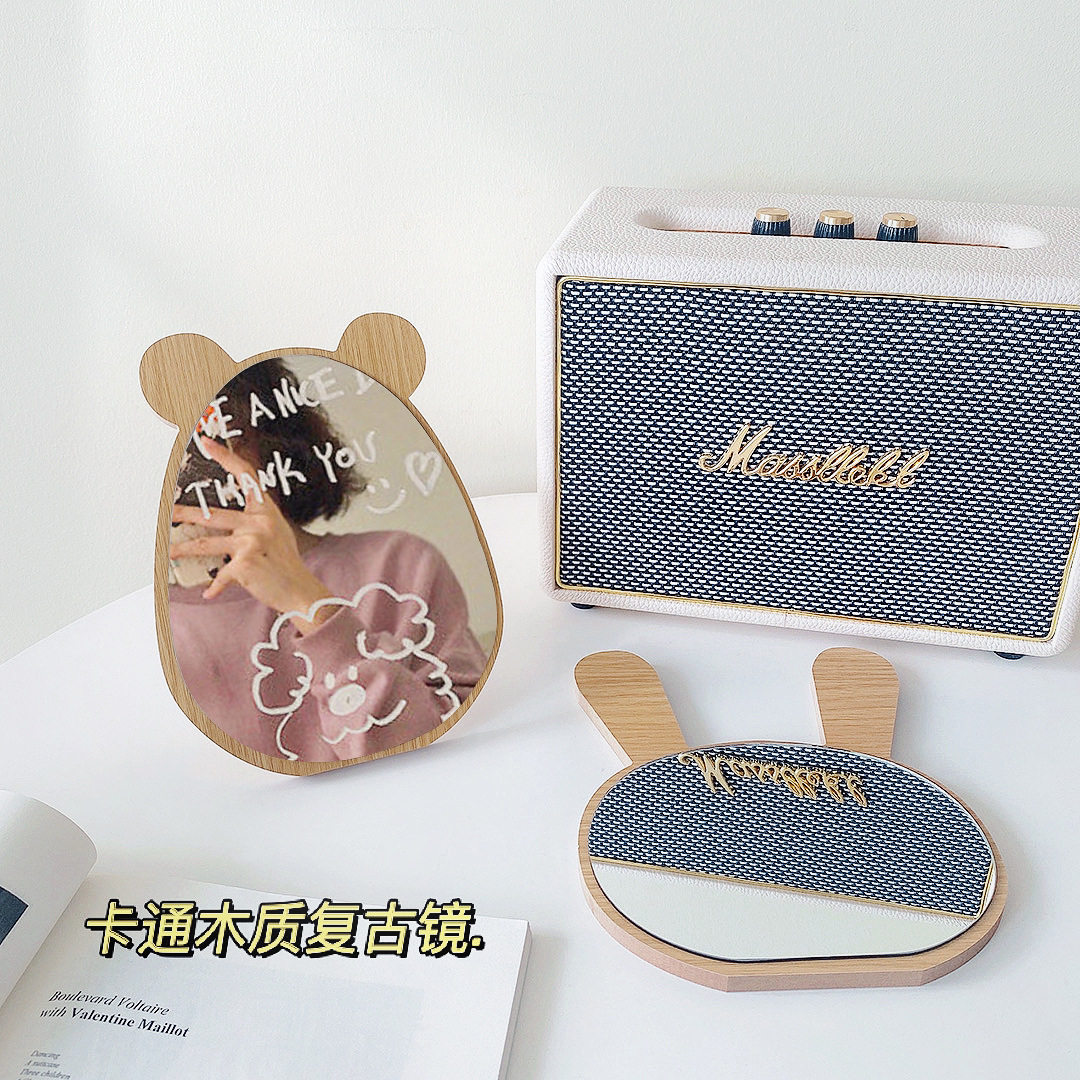 韩国ins风镜子极简学生宿舍化妆台式可爱小熊兔耳朵木质梳妆镜