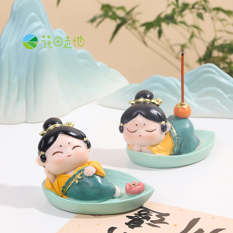 中式国潮仕女香插盘沉香盘树脂工艺品家居桌面茶室创意檀香盘香座
