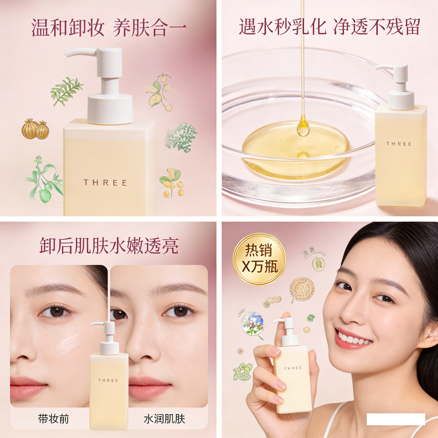 日本进口新款THREE平衡卸妆油185ml 常规版/185g樱花版清洁洁面油