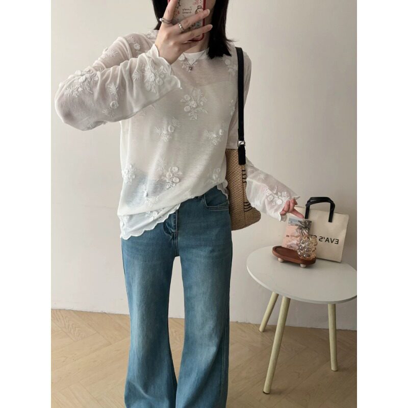 颜值天花板！立体花朵白色蕾丝雪纺衫女新款气质圆领长袖H041703