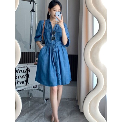 2026夏季新POLO衬衫领中长款天丝莱赛尔显瘦短袖牛仔连衣裙女