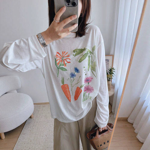 复古印花宽松中长款松弛凉爽垂感天丝长袖t恤防晒衫女款夏季薄款