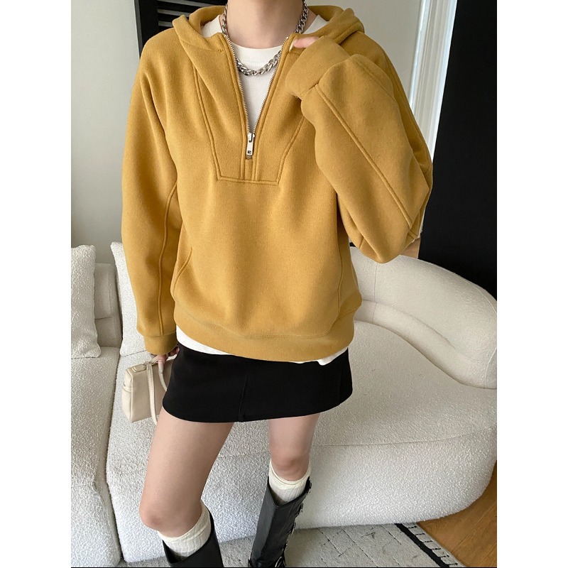 半拉链连帽休闲宽松加绒卫衣