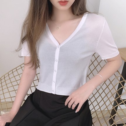 新款短袖开衫针织衫女夏短款外套修身外搭天丝超薄款披肩外穿白色