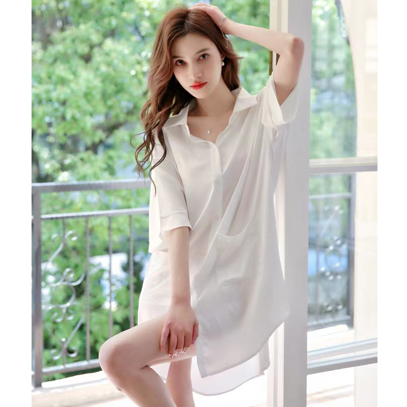 衬衫睡衣女2025年夏季新款宽松大码睡裙冰丝性感男友风中长款衬衣