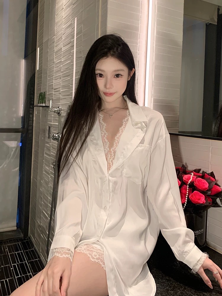 性感冰丝睡衣女套装春秋款纯欲蕾丝男友白衬衫宽松冰丝长袖家居服