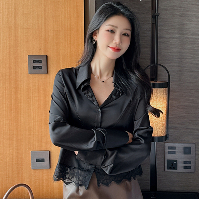 韩版丝质蕾丝拼接衬衫女早春款短款POLO领衬衣设计感小众别致上衣