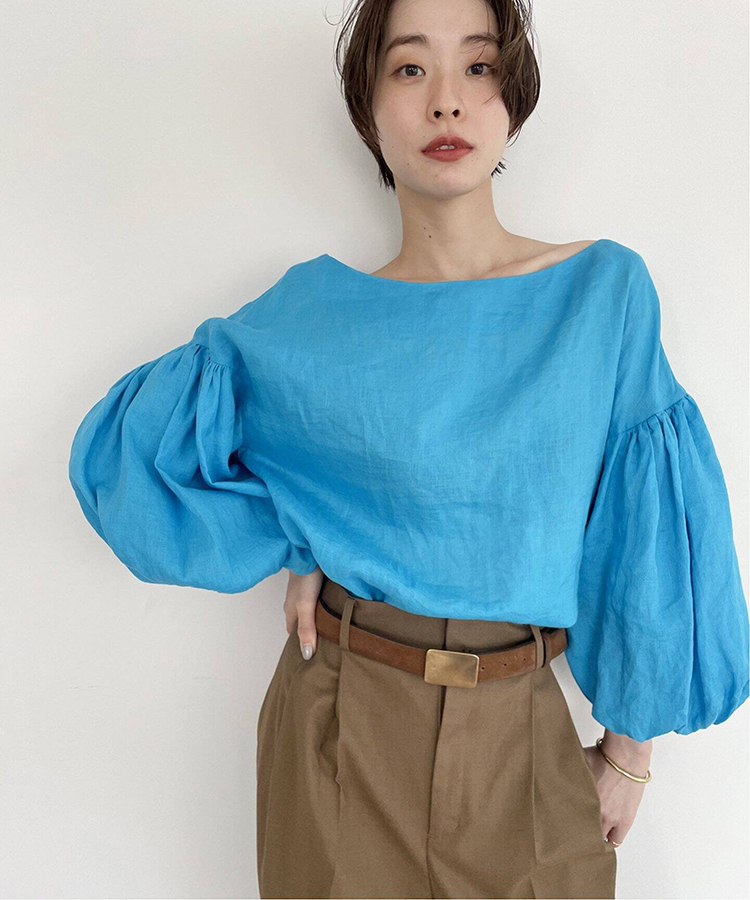 日本贵牌休闲设计感P一字领灯笼袖亚麻衬衫显瘦孔雀蓝咖啡衬衣女