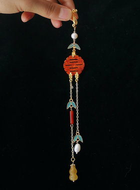 旗袍压襟挂件流苏翡翠喜字复古