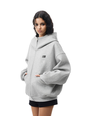 FDR秋季灰色拉链开衫上衣男情侣重磅高领空气层连帽卫衣外套女款