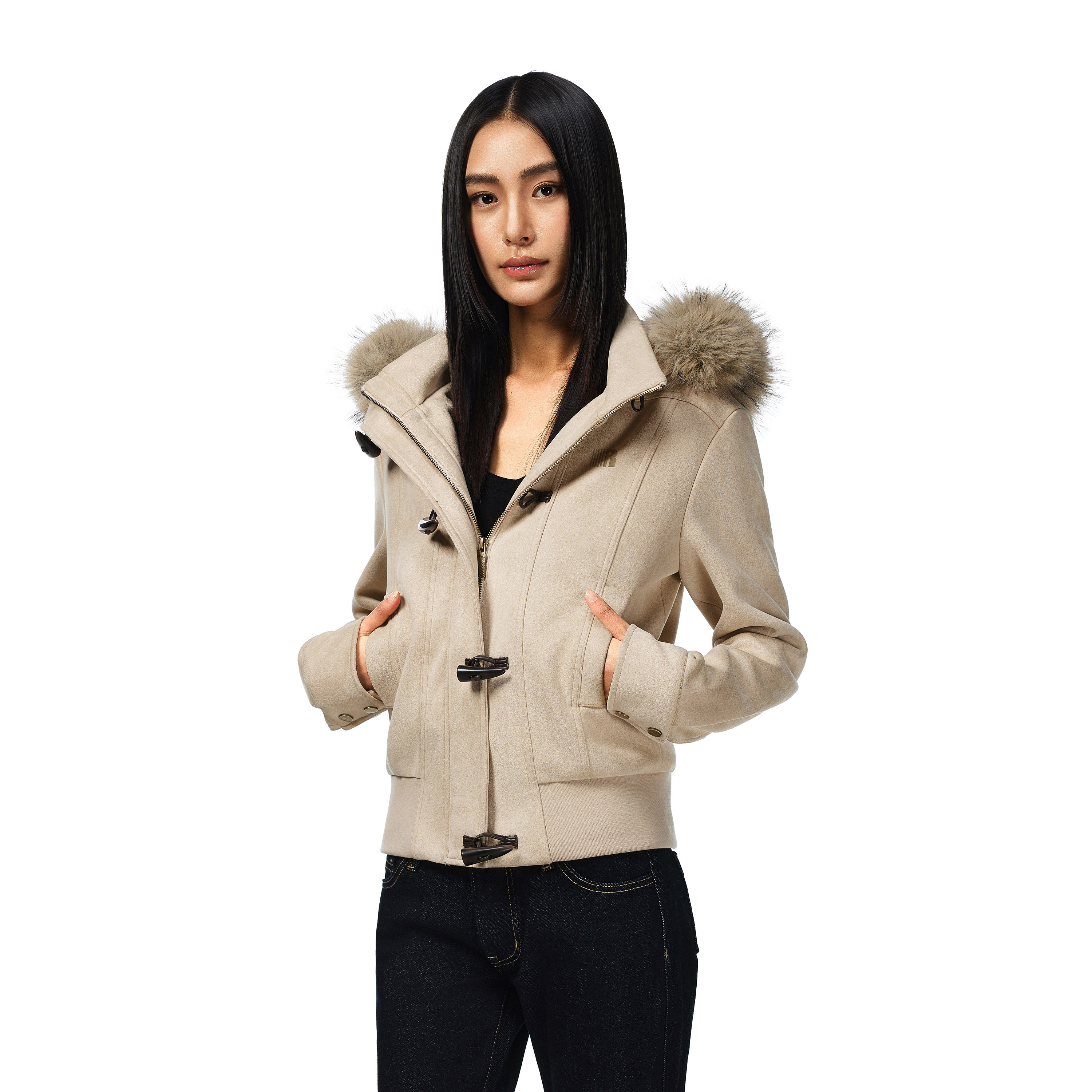 FDR官方店 立领可拆卸连帽牛角扣夹克2025新款高级感毛领外套女