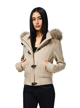 FDR官方店 立领可拆卸连帽牛角扣夹克2025新款高级感毛领外套女