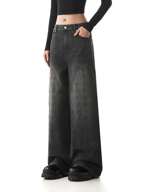 FDR官方店 美式复古压印牛仔裤男女情侣宽松直筒裤阔腿休闲长裤子