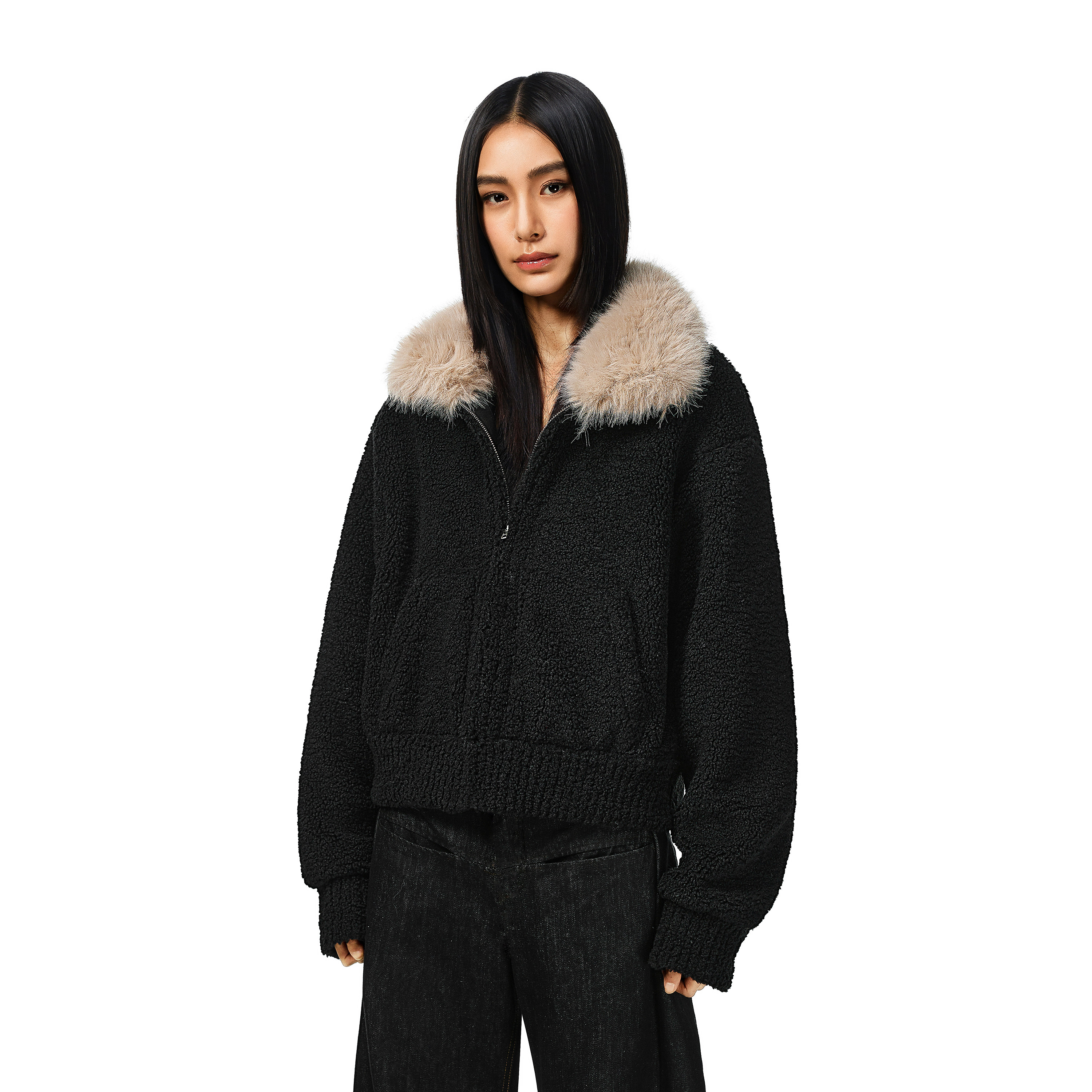 FDR长尖毛领环保羊羔绒皮毛外套