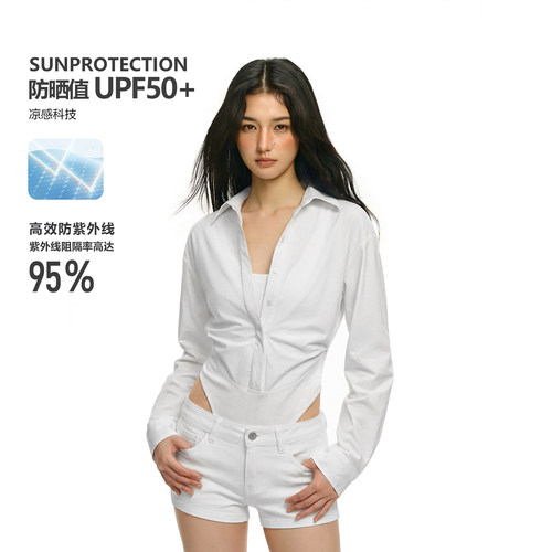 FDR官方店 UPF50+防晒凉感假两件衬衣连体修身白色外套衬衫女款