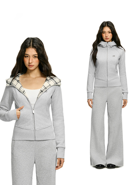 FDR官方店 修身格纹拼接连帽卫衣女春季收腰显瘦拉链开衫外套上衣