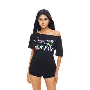 t恤女夏季 珍珠花朵斜肩短袖 辣妹露肩上衣 热岛假日 FDR官方店