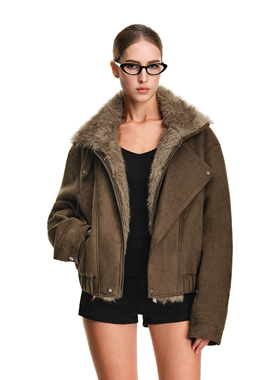 FDR官方店 仿麂皮毛领斜拉链美式女秋冬棕色翻领夹克外套男款加厚