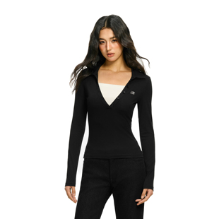 显瘦上衣女春辣妹打底衫 FDR官方店 假两件深V领撞色polo针织长袖