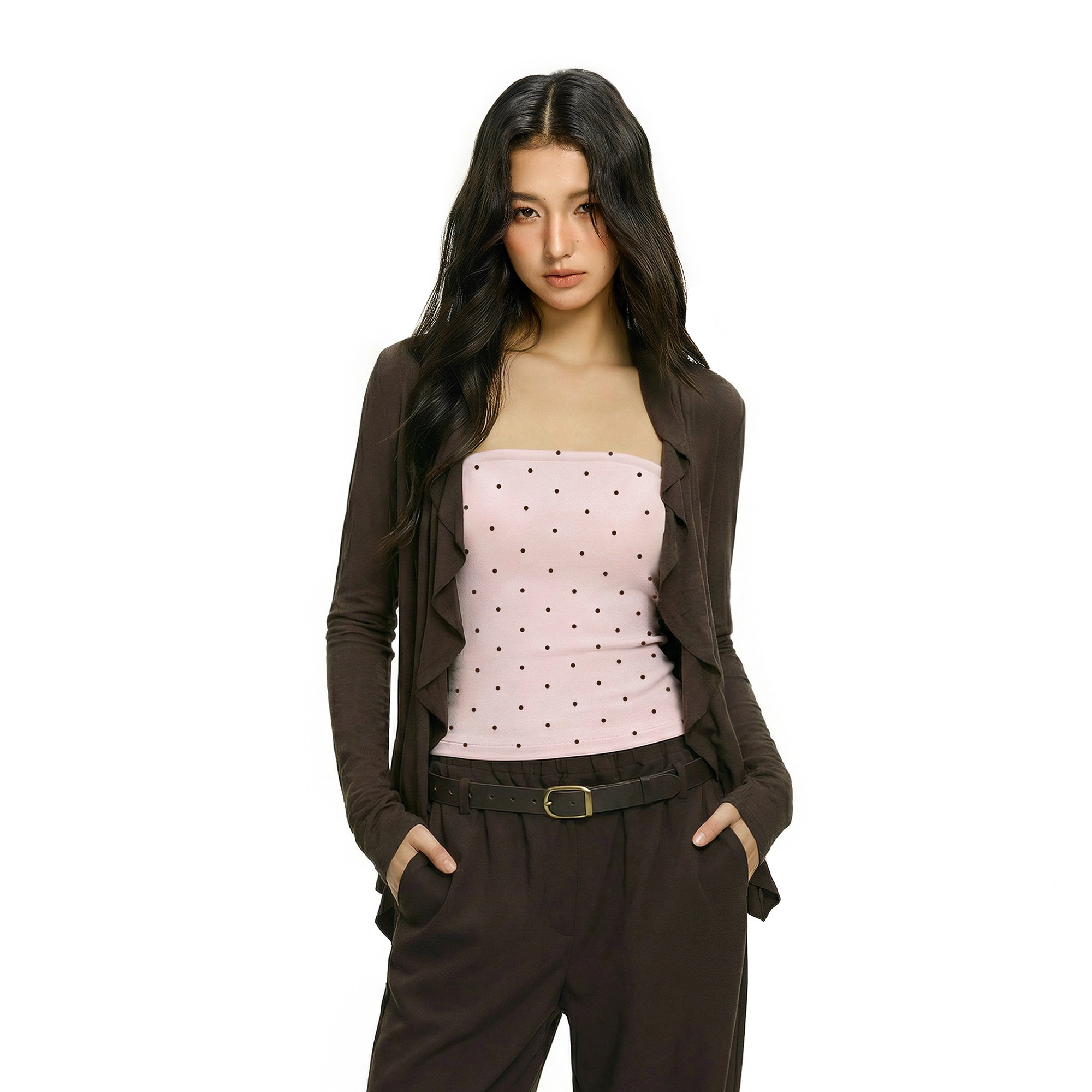 FDR官方店 荷叶边开衫长袖t恤女春夏季修身上衣波点抹胸两件套