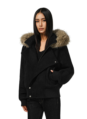 FDR官方店 斜门襟连帽加厚仿麂皮夹克上衣秋冬可拆卸毛领外套女