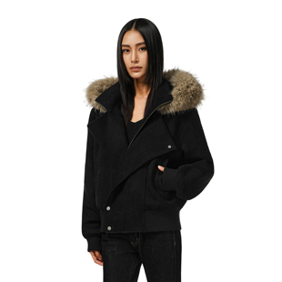 FDR官方店 斜门襟连帽加厚麂皮夹克情侣上衣秋冬可拆卸毛领外套女