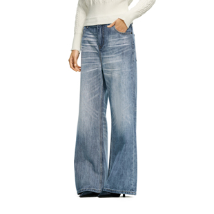 女春夏休闲阔腿裤 型直筒宽松牛仔裤 水洗冰蓝猫须A字版 FDR官方店