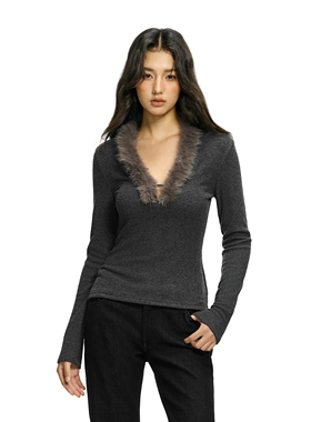 FDR官方店 好看毛毛V领打底内搭上衣春季打底衫显瘦修身长袖t恤女